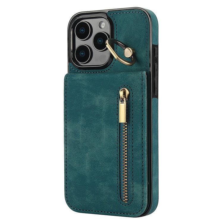 For iPhone 16 Pro Case RFID Blocking Ring Kickstand Retro Leather+TPU Anti-fall Phone Cover - Blue