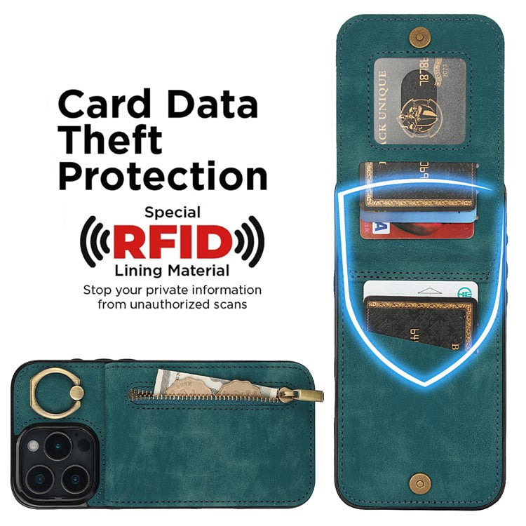 For iPhone 16 Pro Case RFID Blocking Ring Kickstand Retro Leather+TPU Anti-fall Phone Cover - Blue