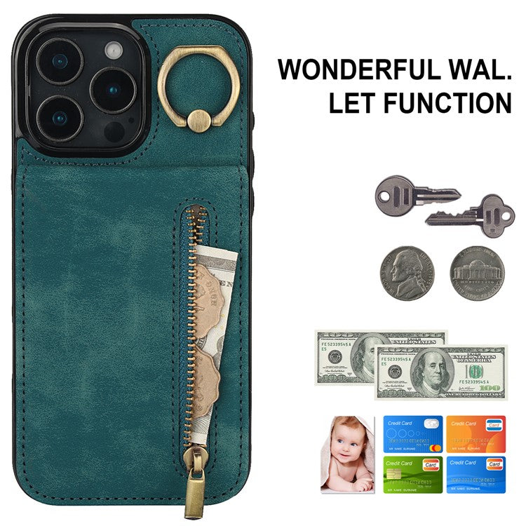 For iPhone 16 Pro Case RFID Blocking Ring Kickstand Retro Leather+TPU Anti-fall Phone Cover - Blue