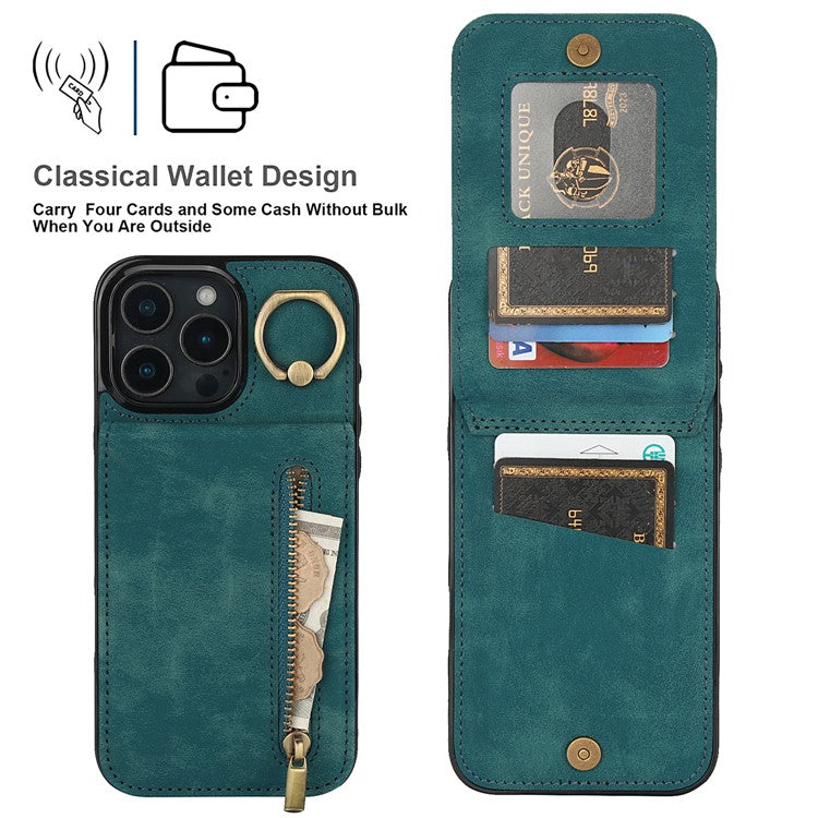 For iPhone 16 Pro Case RFID Blocking Ring Kickstand Retro Leather+TPU Anti-fall Phone Cover - Blue