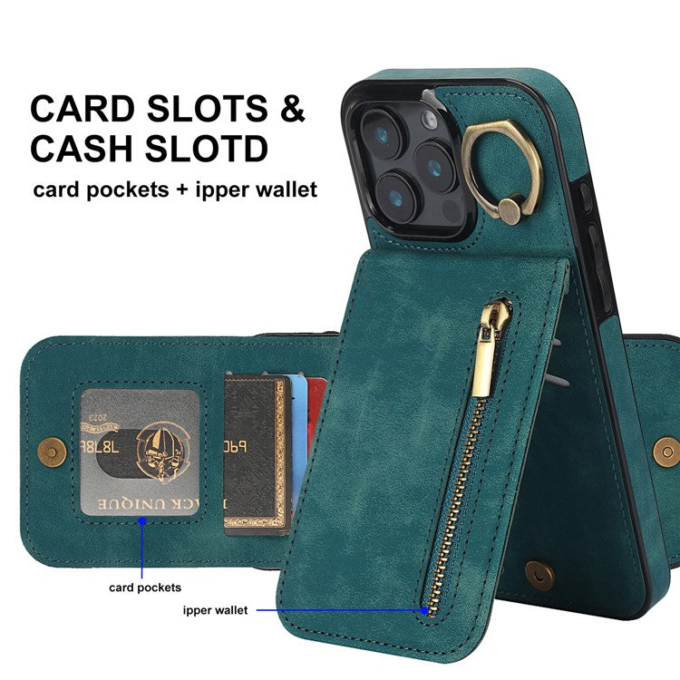 For iPhone 16 Pro Case RFID Blocking Ring Kickstand Retro Leather+TPU Anti-fall Phone Cover - Blue