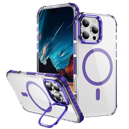 For iPhone 16 Pro Clear Phone Case with Lens Kickstand Cover Compatible with MagSafe - Purple