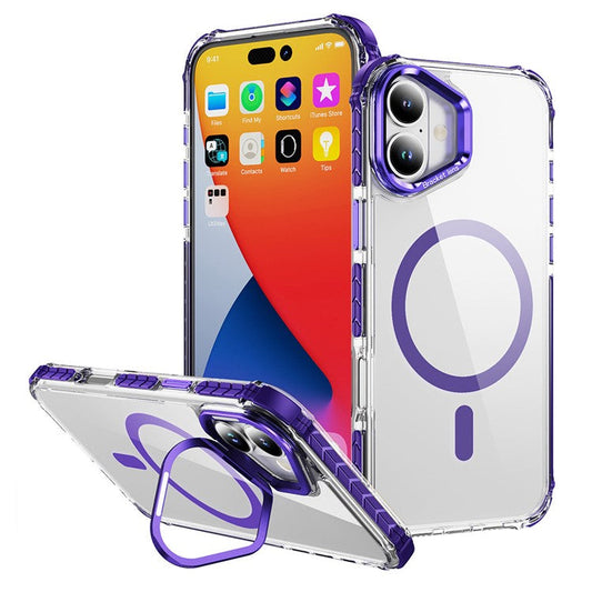 For iPhone 16 Plus Clear Phone Case with Lens Kickstand Cover Compatible with MagSafe - Purple