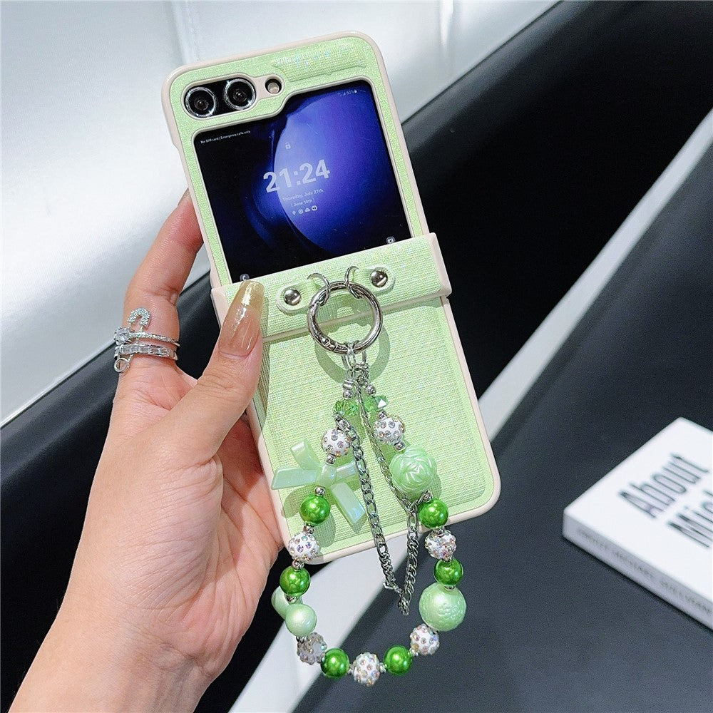 For Samsung Galaxy Z Flip7 FE 5G / Z Flip6 5G Case Hinge Protection Leather+PC Phone Cover with Beaded Strap - Light Green