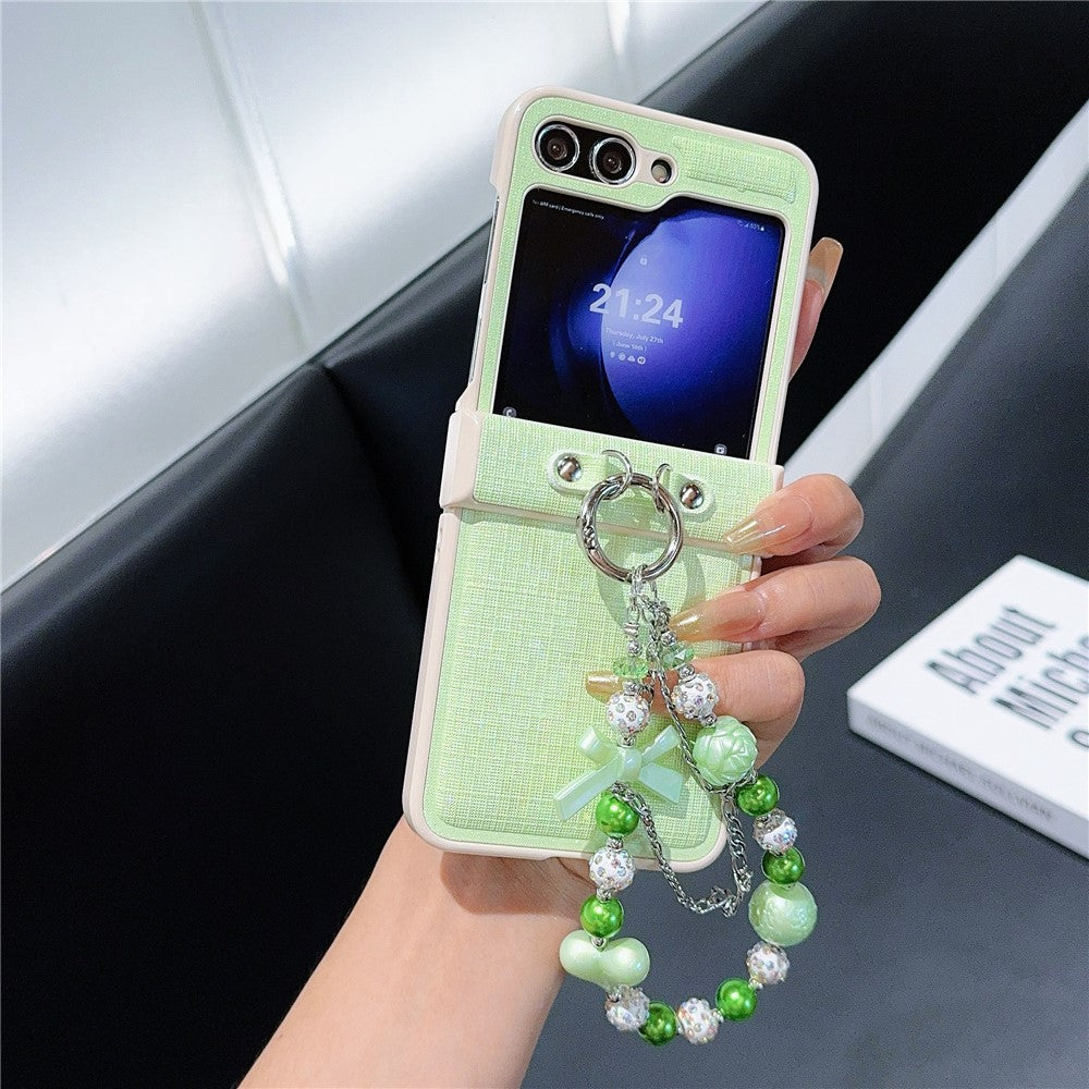 For Samsung Galaxy Z Flip7 FE 5G / Z Flip6 5G Case Hinge Protection Leather+PC Phone Cover with Beaded Strap - Light Green