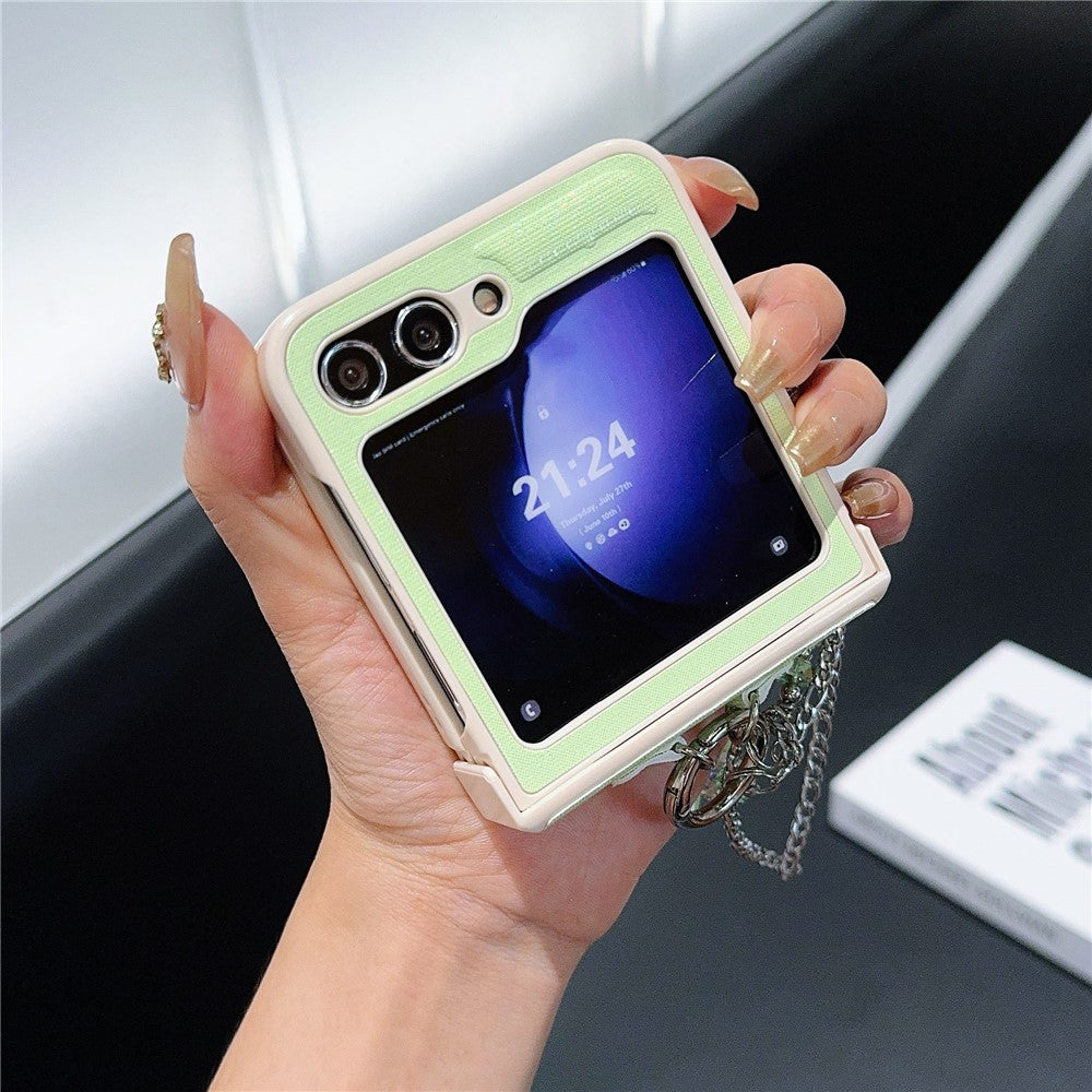 For Samsung Galaxy Z Flip7 FE 5G / Z Flip6 5G Case Hinge Protection Leather+PC Phone Cover with Beaded Strap - Light Green