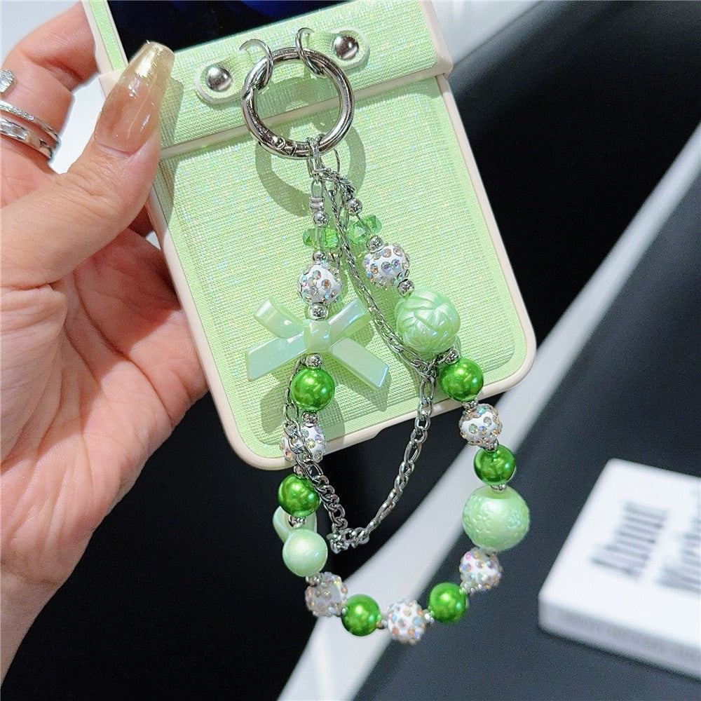 For Samsung Galaxy Z Flip7 FE 5G / Z Flip6 5G Case Hinge Protection Leather+PC Phone Cover with Beaded Strap - Light Green