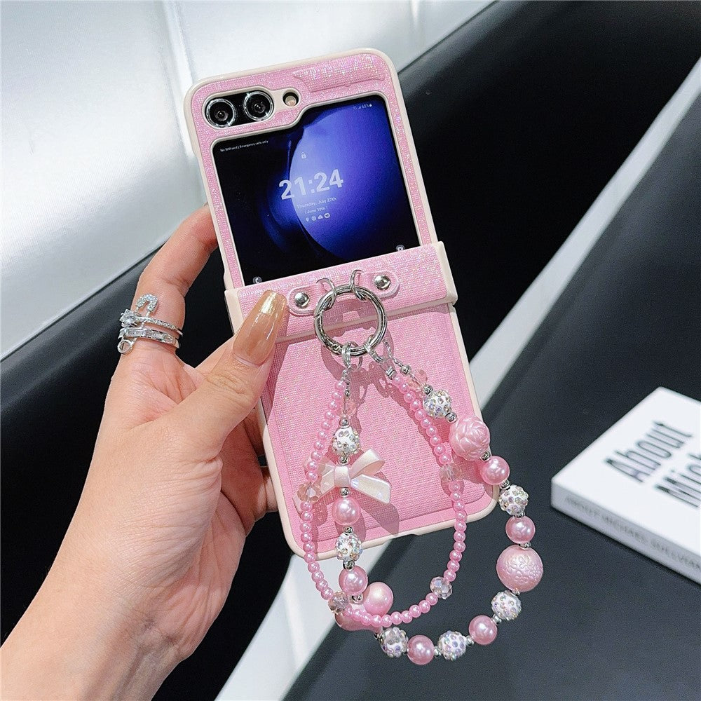 For Samsung Galaxy Z Flip7 FE 5G / Z Flip6 5G Case Hinge Protection Leather+PC Phone Cover with Beaded Strap - Pink