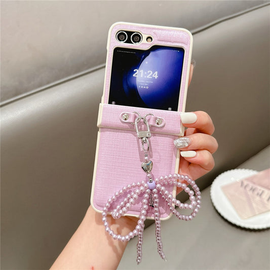 For Samsung Galaxy Z Flip7 FE 5G / Z Flip6 5G Case Hinge Protection Leather+PC Phone Cover with Bow Beaded Strap - Pink