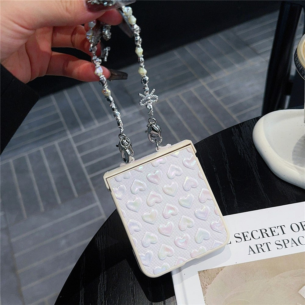 For Samsung Galaxy Z Flip7 FE 5G / Z Flip6 5G Case Bubble Heart Leather+PC Phone Cover with Beaded Strap - White