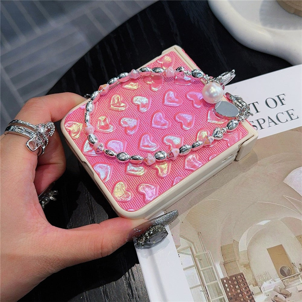 For Samsung Galaxy Z Flip7 FE 5G / Z Flip6 5G Case Bubble Heart Leather+PC Phone Cover with Beaded Strap - Pink
