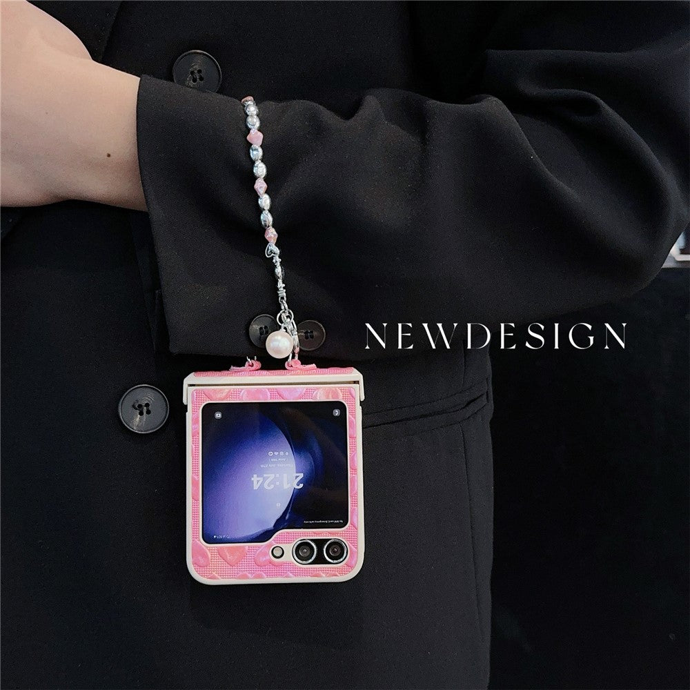 For Samsung Galaxy Z Flip7 FE 5G / Z Flip6 5G Case Bubble Heart Leather+PC Phone Cover with Beaded Strap - Pink