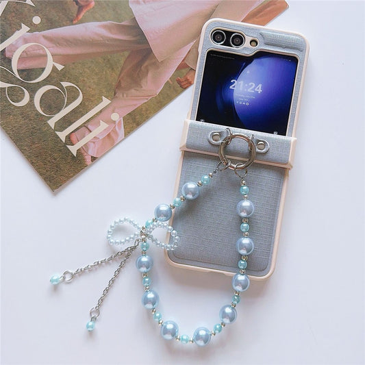 For Samsung Galaxy Z Flip7 FE 5G / Z Flip6 5G Case Hinge Protection Leather+PC Phone Cover with Beaded Phone Charm - Blue