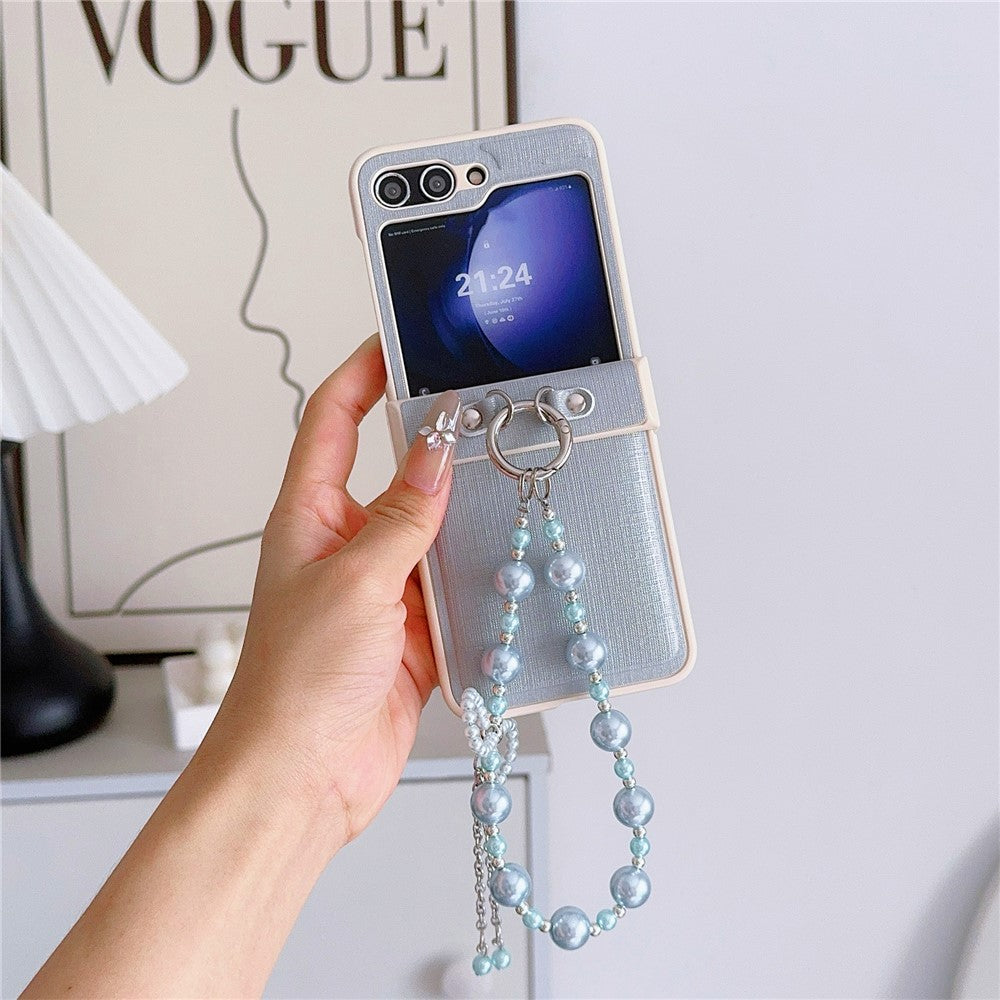 For Samsung Galaxy Z Flip7 FE 5G / Z Flip6 5G Case Hinge Protection Leather+PC Phone Cover with Beaded Phone Charm - Blue