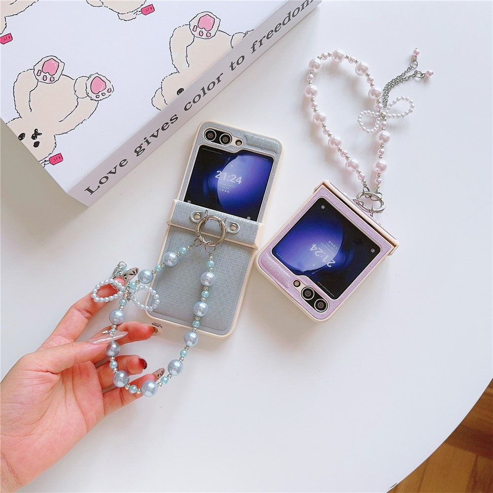 For Samsung Galaxy Z Flip7 FE 5G / Z Flip6 5G Case Hinge Protection Leather+PC Phone Cover with Beaded Phone Charm - Blue