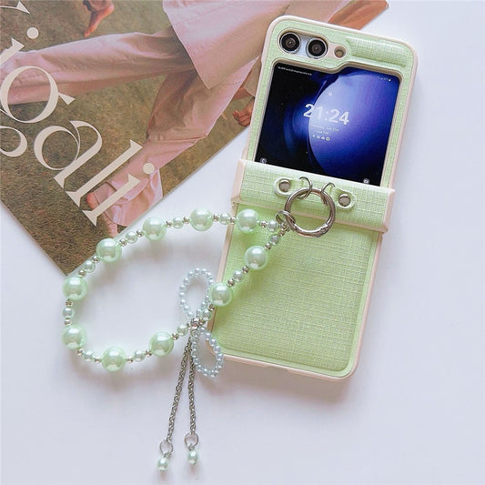 For Samsung Galaxy Z Flip7 FE 5G / Z Flip6 5G Case Hinge Protection Leather+PC Phone Cover with Beaded Phone Charm - Green