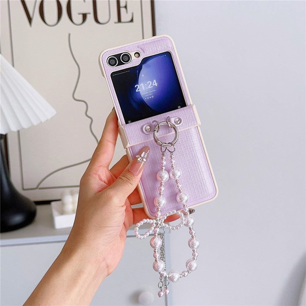 For Samsung Galaxy Z Flip7 FE 5G / Z Flip6 5G Case Hinge Protection Leather+PC Phone Cover with Beaded Phone Charm - Pink