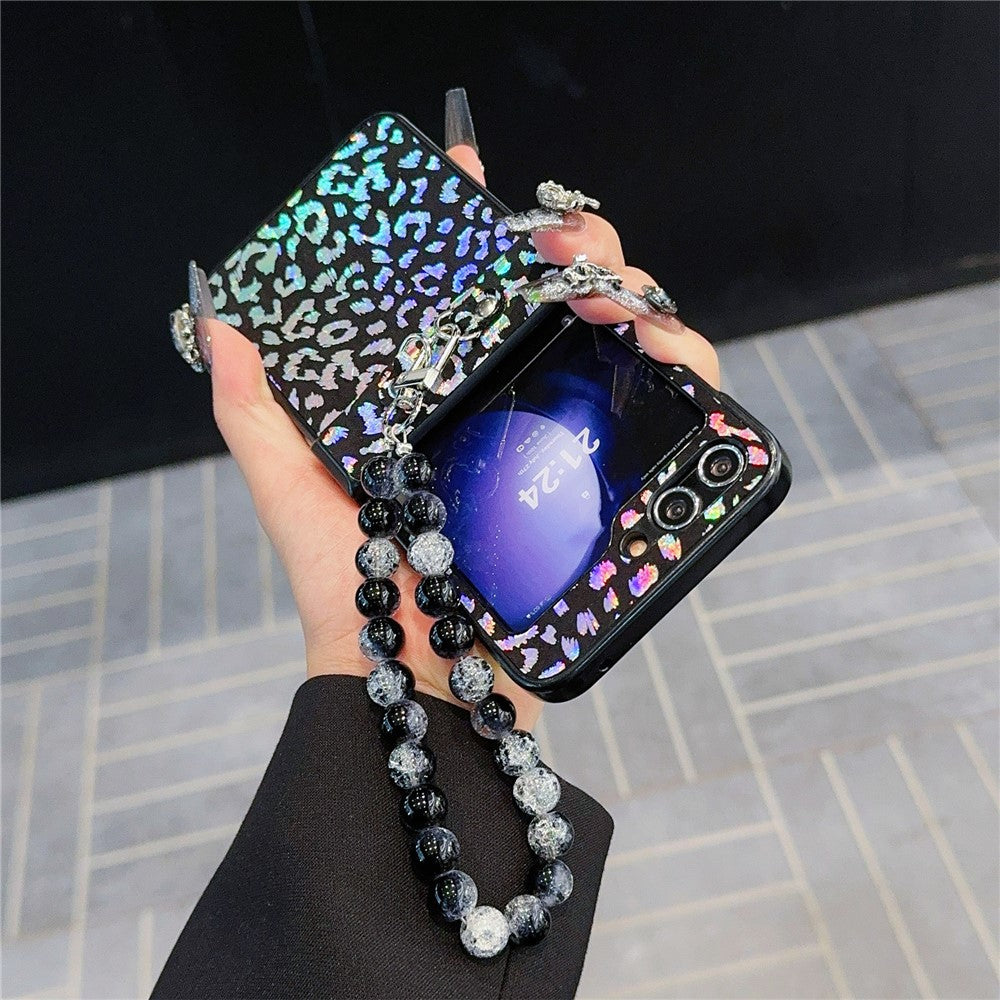For Samsung Galaxy Z Flip7 FE 5G / Z Flip6 5G Case Leopard Print Leather+PC Phone Cover with Beaded Strap - Black