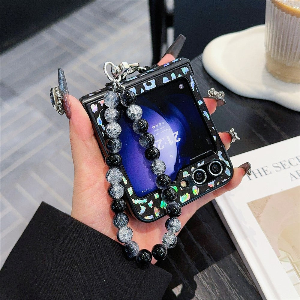 For Samsung Galaxy Z Flip7 FE 5G / Z Flip6 5G Case Leopard Print Leather+PC Phone Cover with Beaded Strap - Black