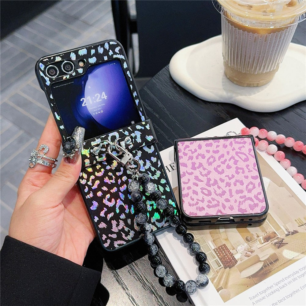 For Samsung Galaxy Z Flip7 FE 5G / Z Flip6 5G Case Leopard Print Leather+PC Phone Cover with Beaded Strap - Black