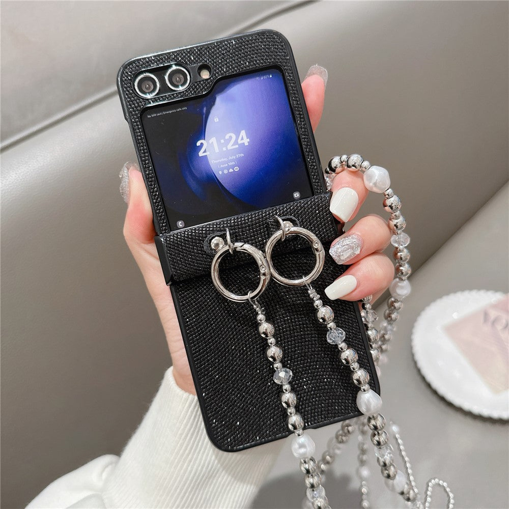 For Samsung Galaxy Z Flip7 FE 5G / Z Flip6 5G Case Hinge Protection Leather+PC Phone Cover with Crossbody Beaded Strap - Black