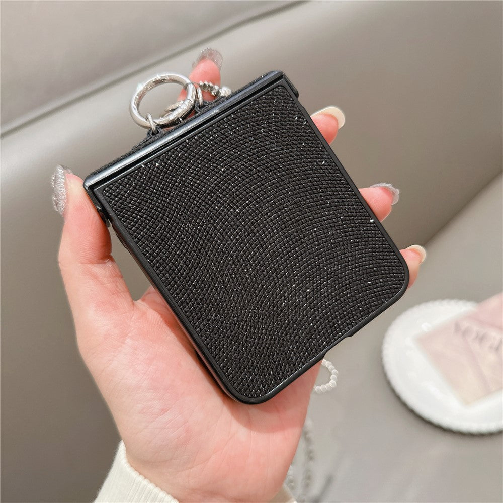 For Samsung Galaxy Z Flip7 FE 5G / Z Flip6 5G Case Hinge Protection Leather+PC Phone Cover with Crossbody Beaded Strap - Black