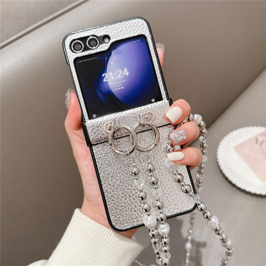 For Samsung Galaxy Z Flip7 FE 5G / Z Flip6 5G Case Hinge Protection Leather+PC Phone Cover with Crossbody Beaded Strap - Silver