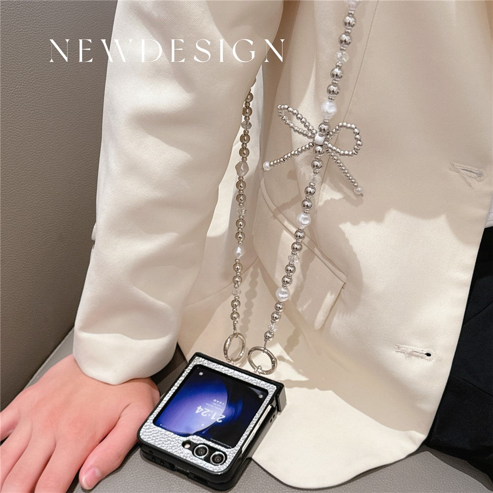 For Samsung Galaxy Z Flip7 FE 5G / Z Flip6 5G Case Hinge Protection Leather+PC Phone Cover with Crossbody Beaded Strap - Silver