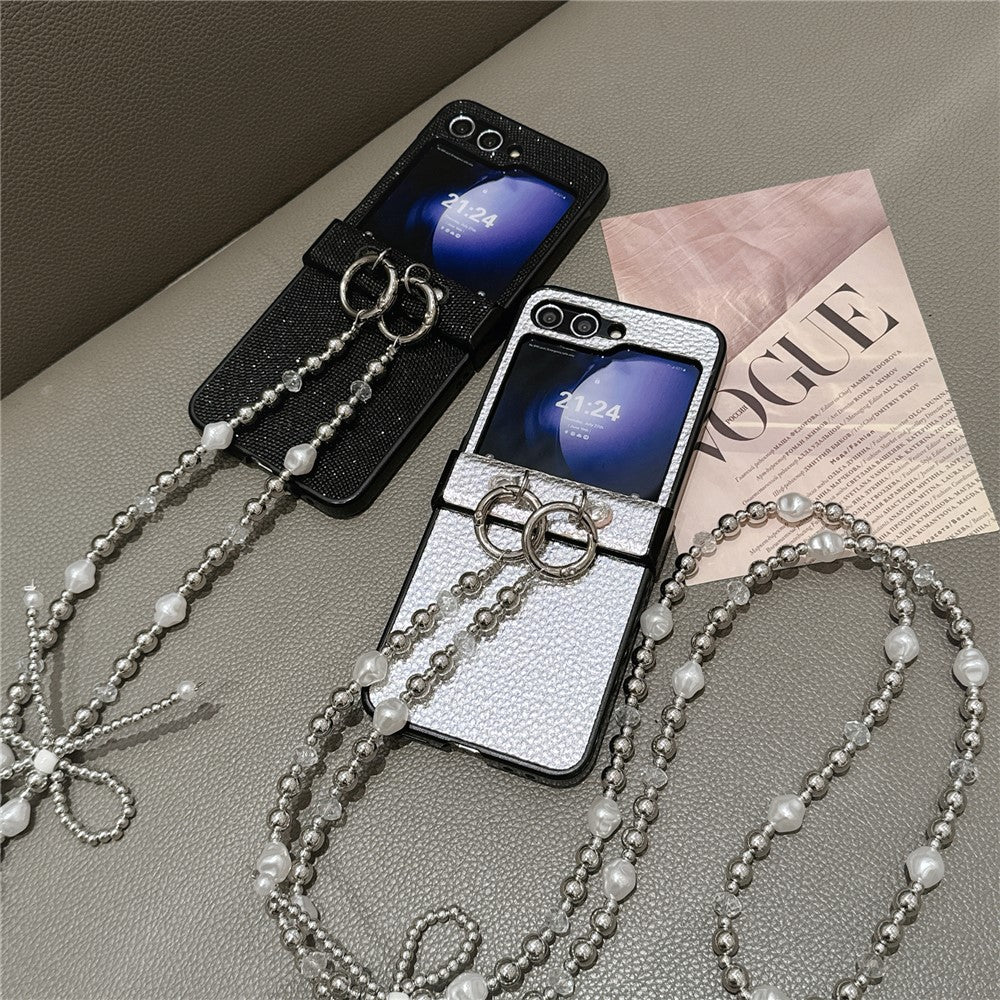 For Samsung Galaxy Z Flip7 FE 5G / Z Flip6 5G Case Hinge Protection Leather+PC Phone Cover with Crossbody Beaded Strap - Silver