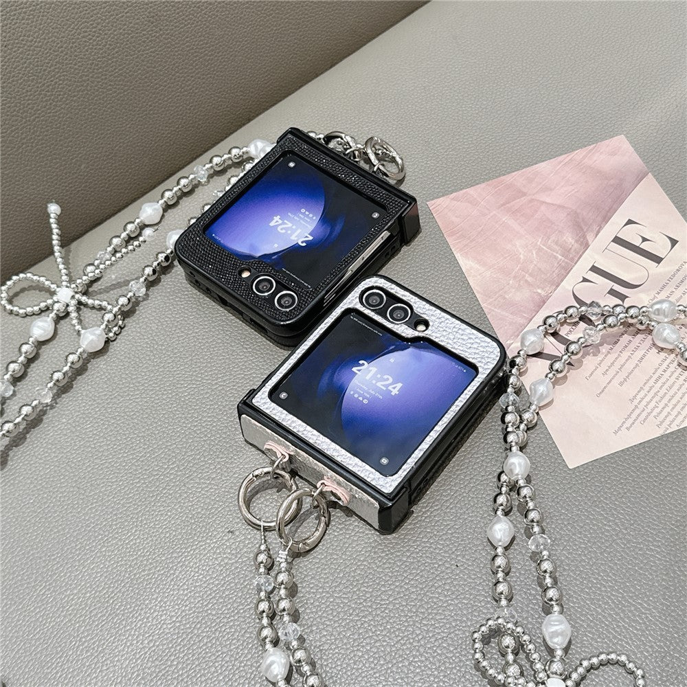For Samsung Galaxy Z Flip7 FE 5G / Z Flip6 5G Case Hinge Protection Leather+PC Phone Cover with Crossbody Beaded Strap - Silver