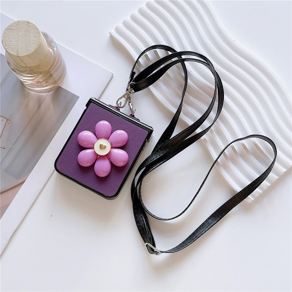 For Samsung Galaxy Z Flip7 FE 5G / Z Flip6 5G Case 3D Flower Leather+PC Phone Cover with Crossbody Strap - Purple