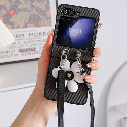 For Samsung Galaxy Z Flip7 FE 5G / Z Flip6 5G Case 3D Flower Leather+PC Phone Cover with Crossbody Strap - Black