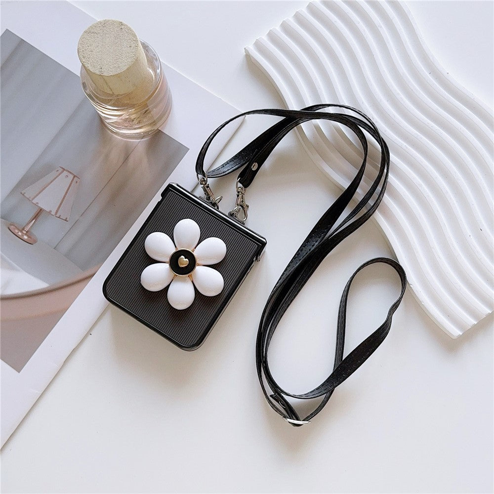For Samsung Galaxy Z Flip7 FE 5G / Z Flip6 5G Case 3D Flower Leather+PC Phone Cover with Crossbody Strap - Black