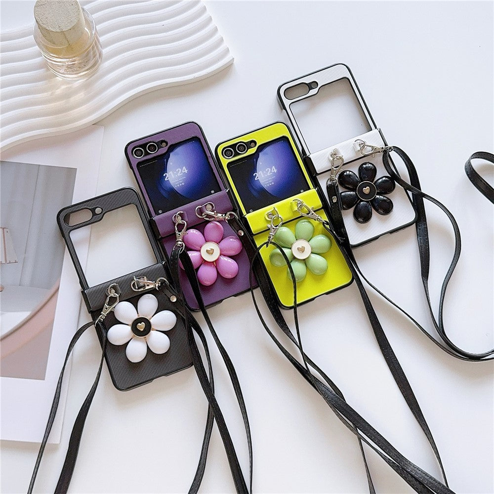 For Samsung Galaxy Z Flip7 FE 5G / Z Flip6 5G Case 3D Flower Leather+PC Phone Cover with Crossbody Strap - Black