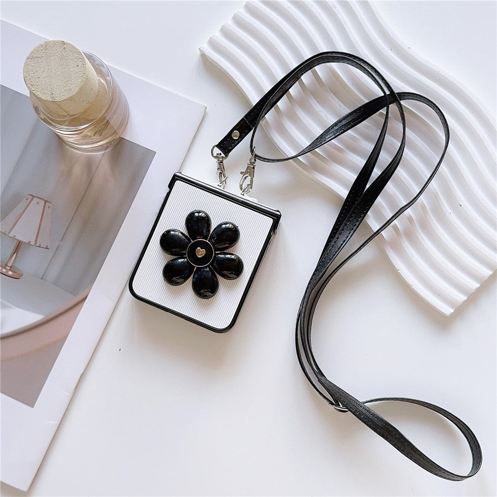 For Samsung Galaxy Z Flip7 FE 5G / Z Flip6 5G Case 3D Flower Leather+PC Phone Cover with Crossbody Strap - White