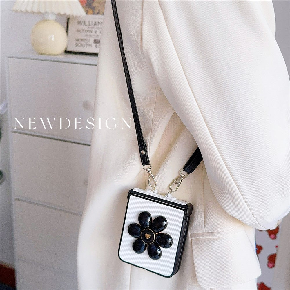 For Samsung Galaxy Z Flip7 FE 5G / Z Flip6 5G Case 3D Flower Leather+PC Phone Cover with Crossbody Strap - White