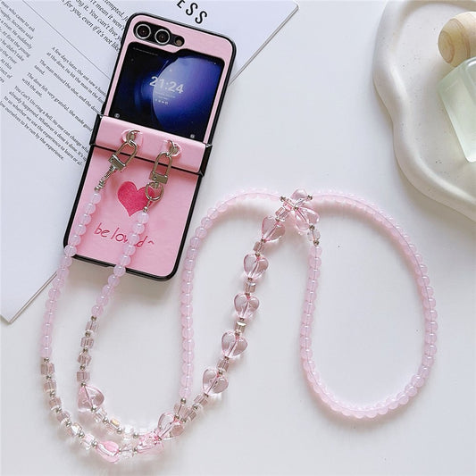 For Samsung Galaxy Z Flip7 FE 5G / Z Flip6 5G Case Heart Pattern Leather+PC Phone Cover with Crossbody Beaded Strap - Pink