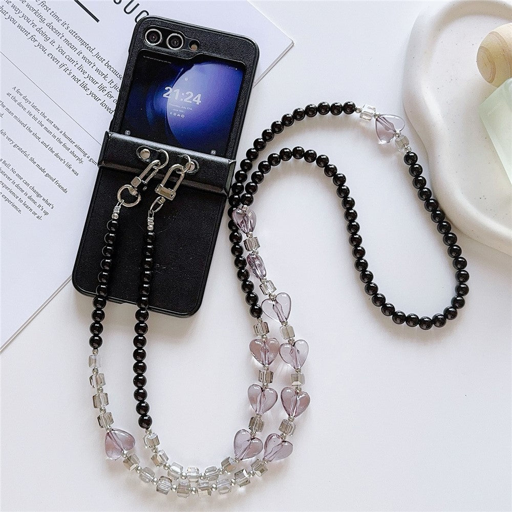 For Samsung Galaxy Z Flip7 FE 5G / Z Flip6 5G Case Heart Pattern Leather+PC Phone Cover with Crossbody Beaded Strap - Black