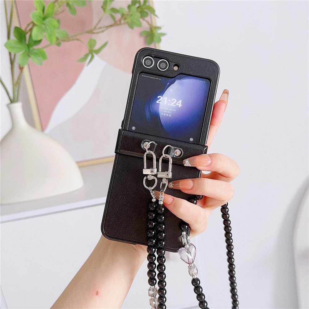 For Samsung Galaxy Z Flip7 FE 5G / Z Flip6 5G Case Heart Pattern Leather+PC Phone Cover with Crossbody Beaded Strap - Black