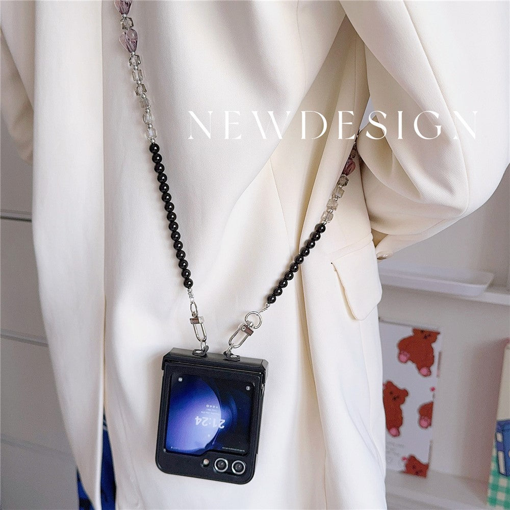 For Samsung Galaxy Z Flip7 FE 5G / Z Flip6 5G Case Heart Pattern Leather+PC Phone Cover with Crossbody Beaded Strap - Black