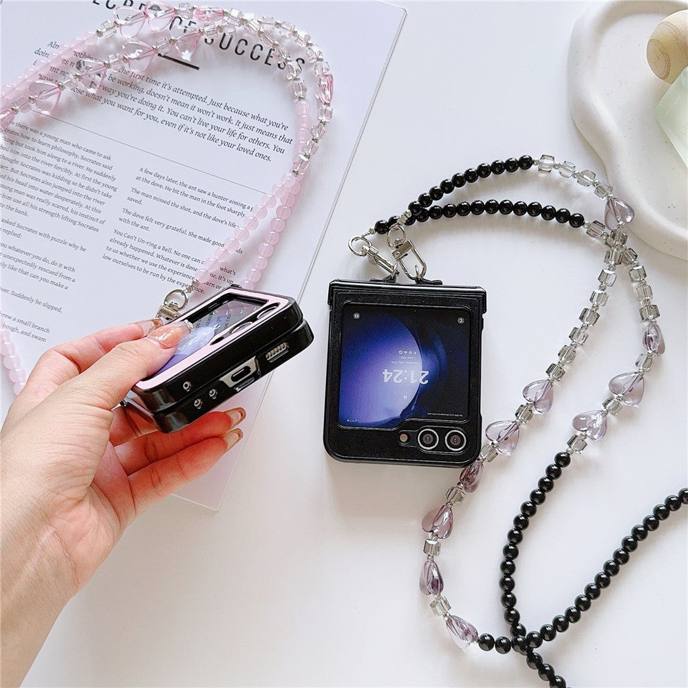 For Samsung Galaxy Z Flip7 FE 5G / Z Flip6 5G Case Heart Pattern Leather+PC Phone Cover with Crossbody Beaded Strap - Black