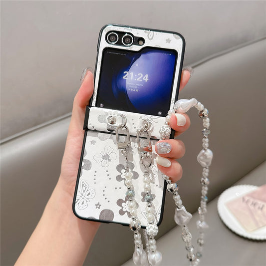 For Samsung Galaxy Z Flip7 FE 5G / Z Flip6 5G Case Butterfly Pattern Leather+PC Phone Cover with Crossbody Beaded Strap - White