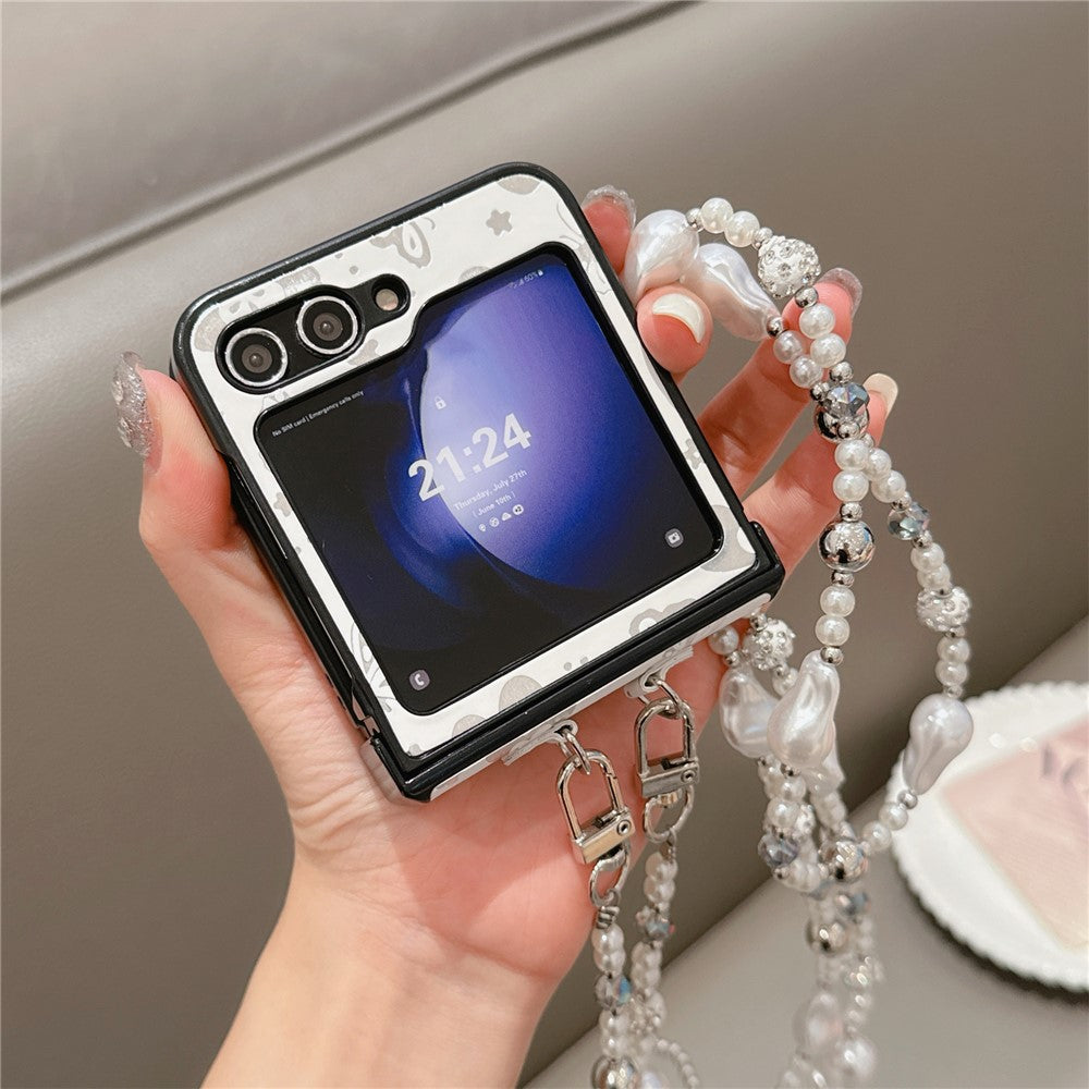For Samsung Galaxy Z Flip7 FE 5G / Z Flip6 5G Case Butterfly Pattern Leather+PC Phone Cover with Crossbody Beaded Strap - White