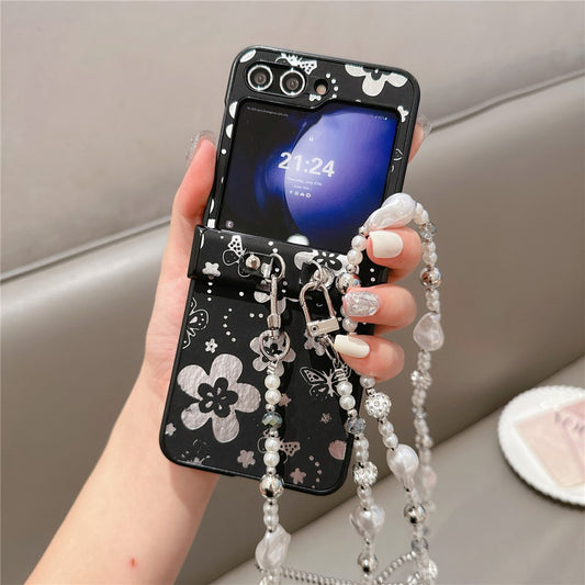 For Samsung Galaxy Z Flip7 FE 5G / Z Flip6 5G Case Butterfly Pattern Leather+PC Phone Cover with Crossbody Beaded Strap - Black