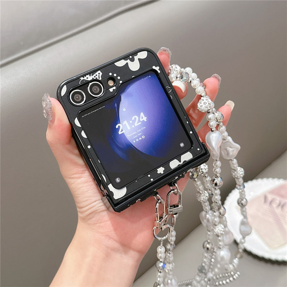 For Samsung Galaxy Z Flip7 FE 5G / Z Flip6 5G Case Butterfly Pattern Leather+PC Phone Cover with Crossbody Beaded Strap - Black