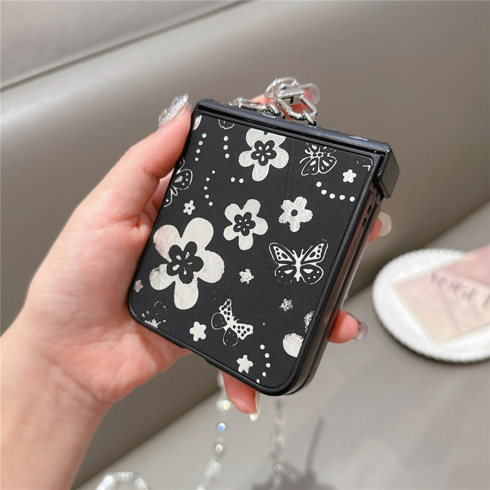 For Samsung Galaxy Z Flip7 FE 5G / Z Flip6 5G Case Butterfly Pattern Leather+PC Phone Cover with Crossbody Beaded Strap - Black
