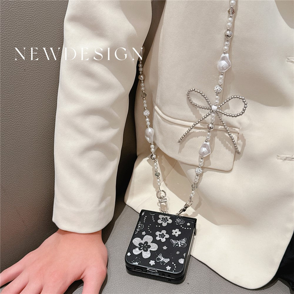 For Samsung Galaxy Z Flip7 FE 5G / Z Flip6 5G Case Butterfly Pattern Leather+PC Phone Cover with Crossbody Beaded Strap - Black