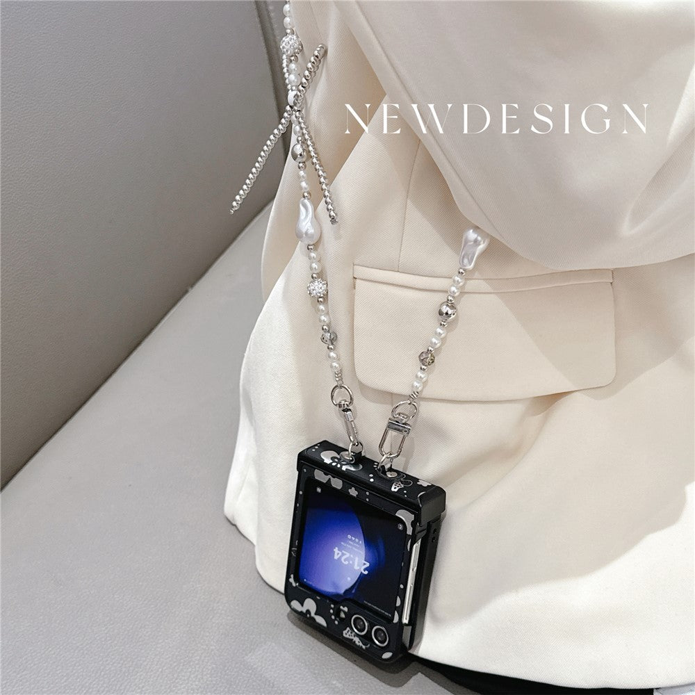 For Samsung Galaxy Z Flip7 FE 5G / Z Flip6 5G Case Butterfly Pattern Leather+PC Phone Cover with Crossbody Beaded Strap - Black