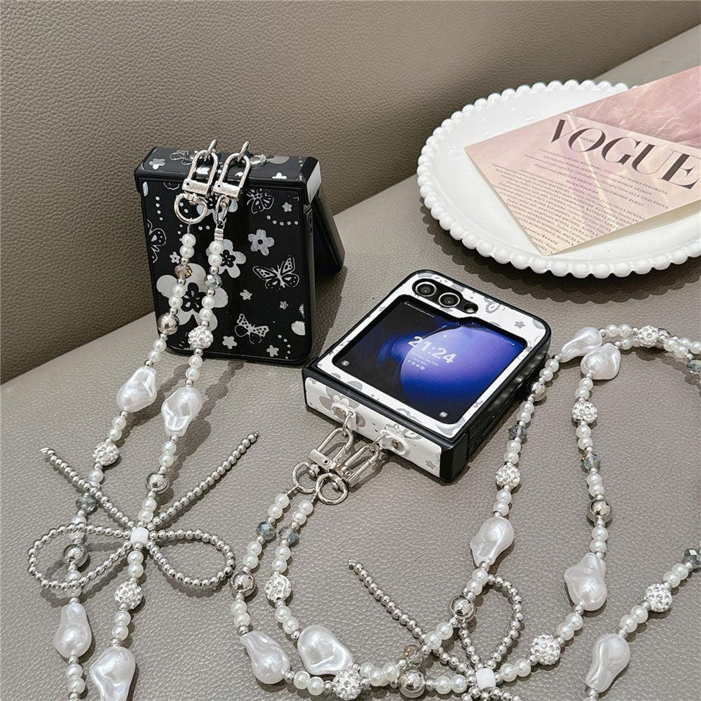 For Samsung Galaxy Z Flip7 FE 5G / Z Flip6 5G Case Butterfly Pattern Leather+PC Phone Cover with Crossbody Beaded Strap - Black