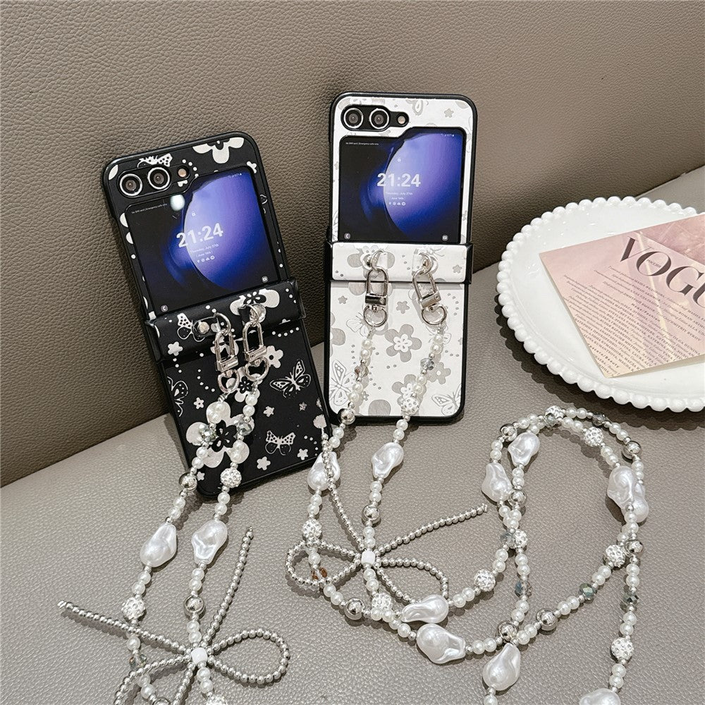 For Samsung Galaxy Z Flip7 FE 5G / Z Flip6 5G Case Butterfly Pattern Leather+PC Phone Cover with Crossbody Beaded Strap - Black
